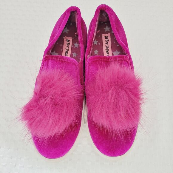 Betsey Johnson Purple Velvet Sneakers Slip On with Pom Poms Size 5 - Picture 1 of 8
